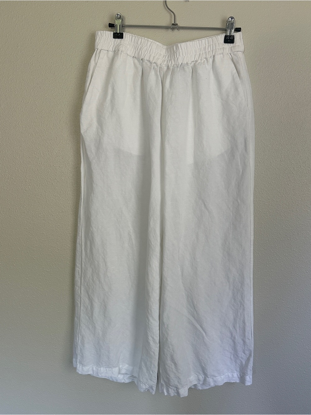 H&M White Linen Blend Elastic-Waist Wide Leg cropped Pants